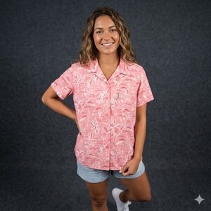 Columbia Womens Size Large Flamingo Print Shirt Short Sleeve Button Up Coastal